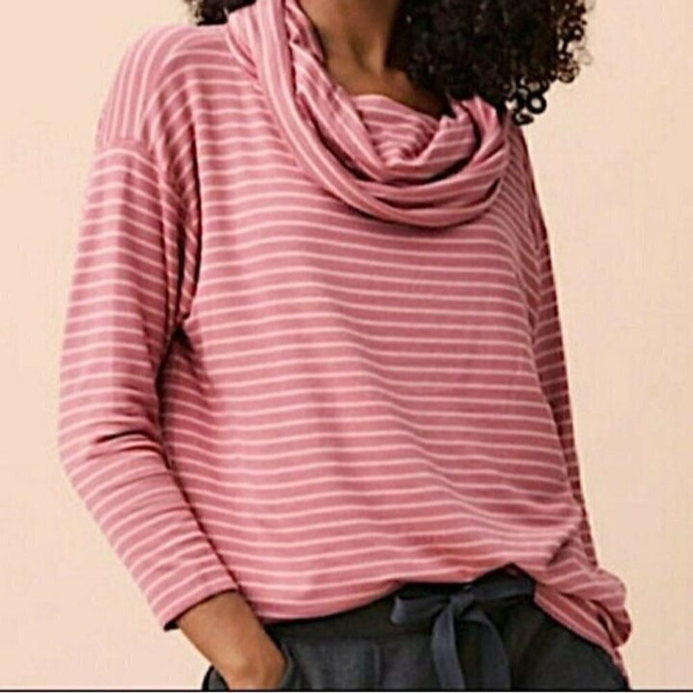 Lou & Grey Signaturesoft Cowl Neck Pink Striped Sweatshirt Size Medium